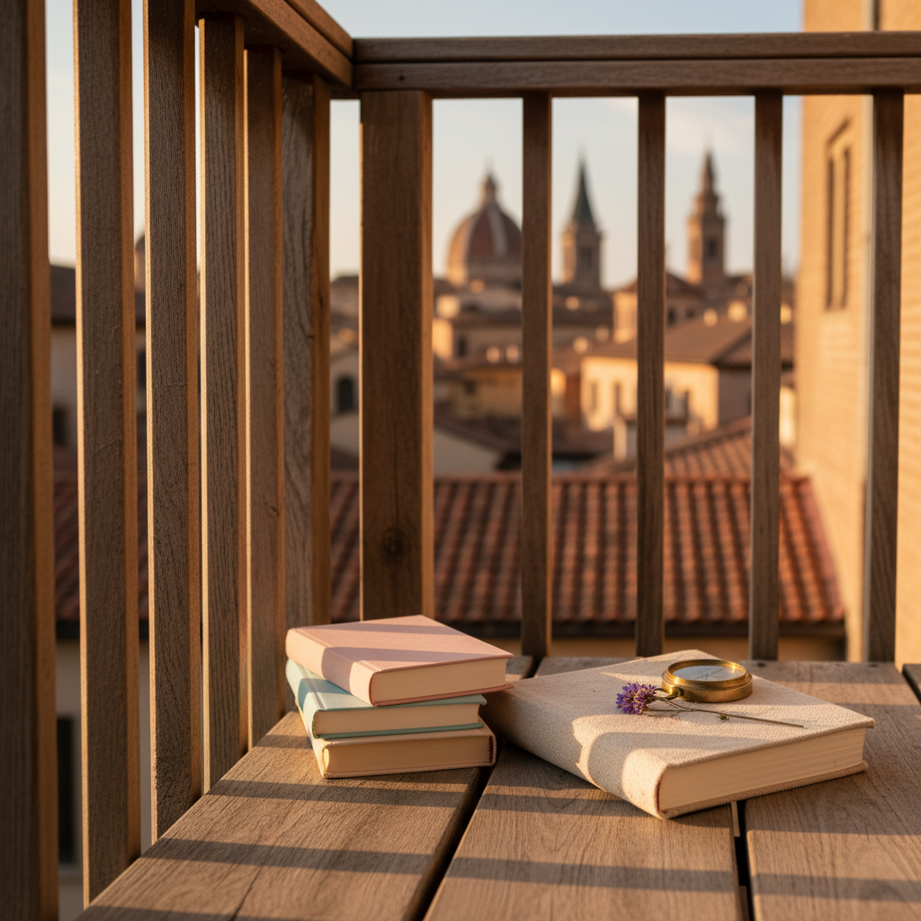 A narrow wooden balcony railing overlooking a charming foreign cityscape of terracotta rooftops and distant church spires, captured in soft focus. In the foreground, a delicate stack of pastel-colored books, a linen-covered journal, and an old brass compass rest together, with a single wildflower pressed between open pages. Early evening golden hour light washes the scene, wrapping the objects in a warm, honeyed glow while the background buildings blur into painterly shapes. Photographic realism at eye level, using shallow depth of field to keep the literary objects crisp and detailed. The atmosphere is contemplative and serene, suggesting a writer pausing to capture hopeful, whimsical words while living somewhere far from home.